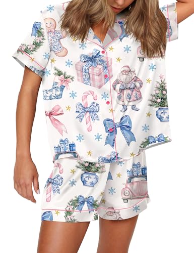 Image of SHESHOW Satin Pajamas for Women Set Preppy Animals Pjs Short Sleeve Shorts 2 Piece Loungewear Sets XS-XXL