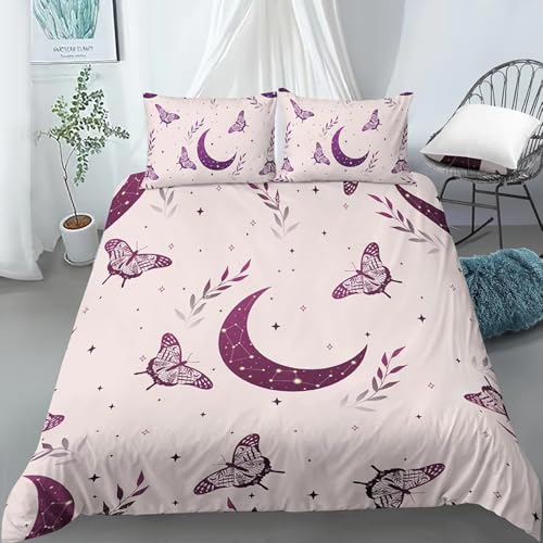 BJCJGGL 布団セット ダブル 3点セット 月の蝶 枕カバー 付寝具 ポリエステル 通気性 抗菌 防臭 防ダニ 布団カバー 190x210 cm + 2 枕カバー 43x63 cm