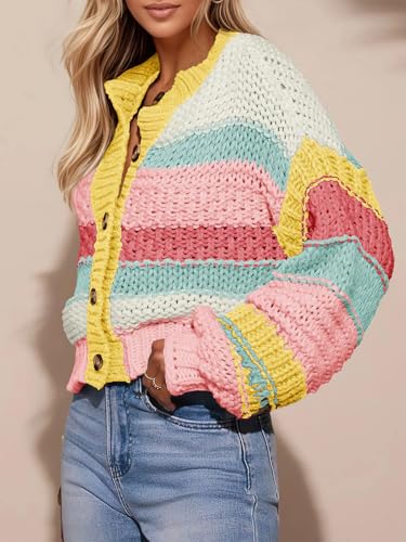 ebossy Women's Striped Chunky Sweaters Lantern Sleeve Button Down Color Block Cropped Cardigan 2025 Fall Outfits2