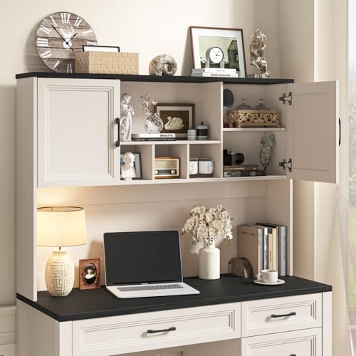 Image of Vabches Farmhouse Executive Desk with 4 Drawers and Storage Cabinet, Rustic Large Home Writing Desk with Hutch, Workstation for Bedroom, Black.