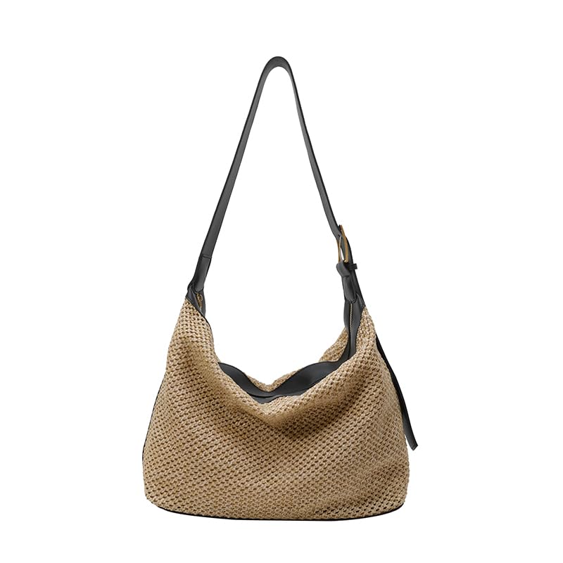 Borsa da spiaggia in paglia da donna, a tracolla, con chiusura a cerniera