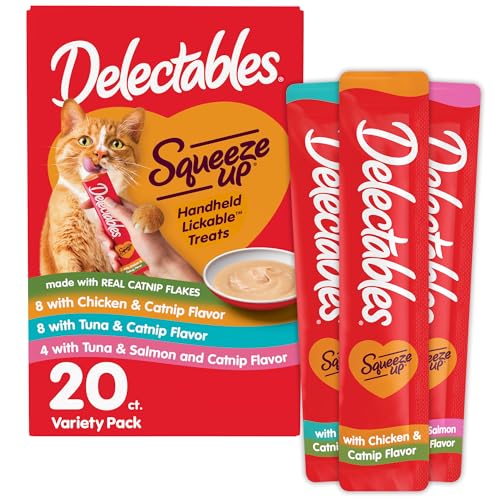 Delectables Squeeze Up Catnip Variety Pack, Creamy Squeezable Puree, Lickable Wet Cat Treats, Grain Free, No Added Fillers, No by-Products, No Added Preservatives, 0.5 Ounces Tube, 20 Tubes Total