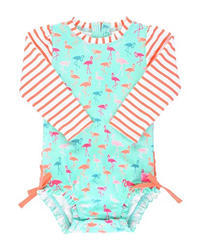 RuffleButts Baby/Toddler Girls Flamingo Beach Stripe One Piece Rash Guard - 3-6m