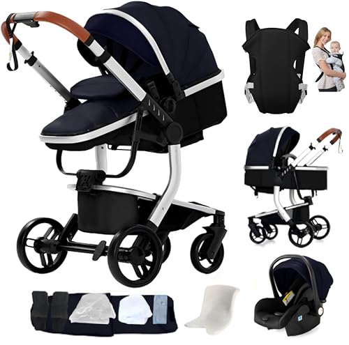 Aveainelle Cochecito 3 en 1 de Piel PU, Trío de Viaje Reversible Para Bebé, Cochecito Plegable con Un Solo Clic y Accesorios Completos, Modos de Freno Dual para Ruedas Delanteras y Traseras (YG)