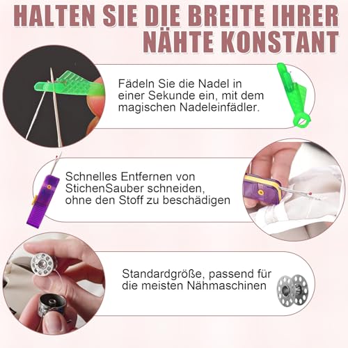 AXGG 14 Stück Magnetische Nahtführung, Nähmaschinen Zubehör mit 1 Magnetische Nahtführung,4 Nähklammern,4 Spulen Nähmaschine,4 Nadeleinfädler und 1 Skalierbar Nahttrenner