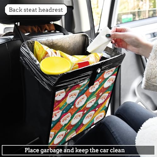 Image of Car Trash Can Organizer Bin with Adjustable Strap for Back Front Seat Console Waterproof Leakproof Collapsible Portable 8.66 Inch Colorful Diagonal Striped Santa Claus