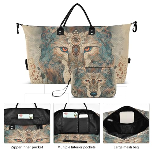 Large Travel Duffel Bag, Cool Wolf Head Boho Sports Tote Gym Bag, Shoulder Weekender Overnight Bag for Women Men, Carry On Luggage with Toiletry Bags2