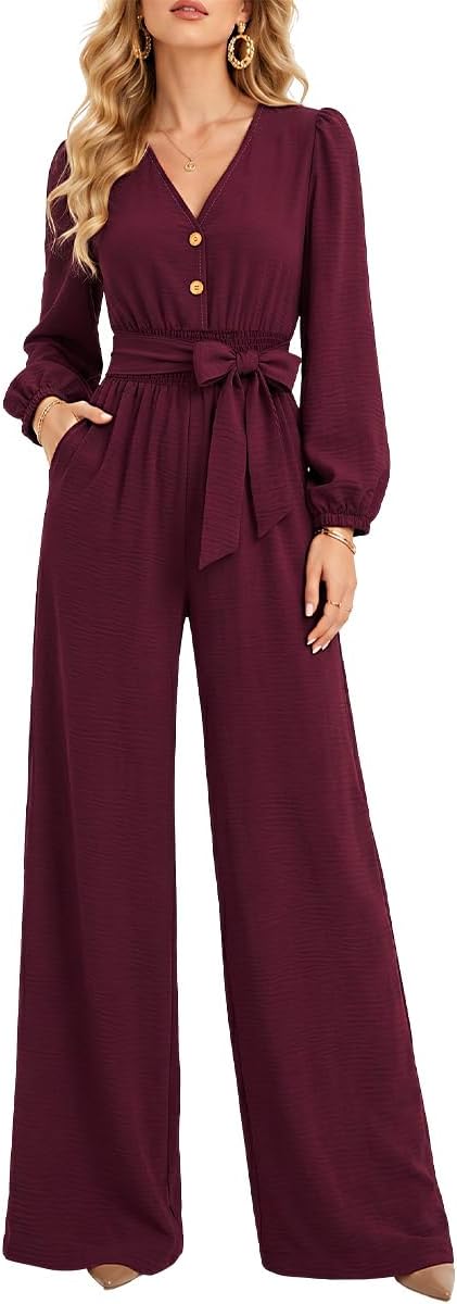 Women's Jumpsuit V Neck High Waist One Piece Casual Rompers with Pockets