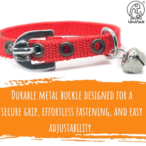 Image of PAWPRO HANDMADE Cat Collar With Name Tag & Bell, Adjustable Buckle, Soft Neck Naylon Strap, Customisable Name & Kitten Icon Id Tag, Comfortable For Small To Big Cats (Red),Nylon,20X10 Cm