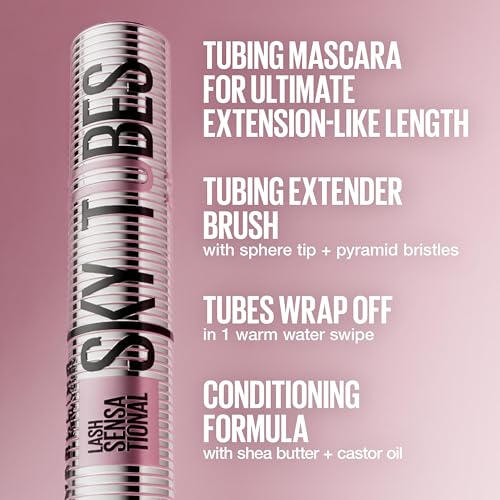 Image of Maybelline Lash Sensational Sky Tubes Tubing Mascara, Extension-Like Lengthening Mascara, 24HR Eye Makeup with Shea Butter & Castor Oil, Very Black, 1 Count