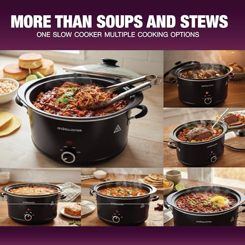Image of Andrew James 3.5L Slow Cooker - Sear-to-Simmer - Large Hob-Proof Aluminium Pot, Shatter-Resistant & Easy-Clean Design 3 Heat Settings & Glass Lid, Ideal for Family Meals (Matt Black)
