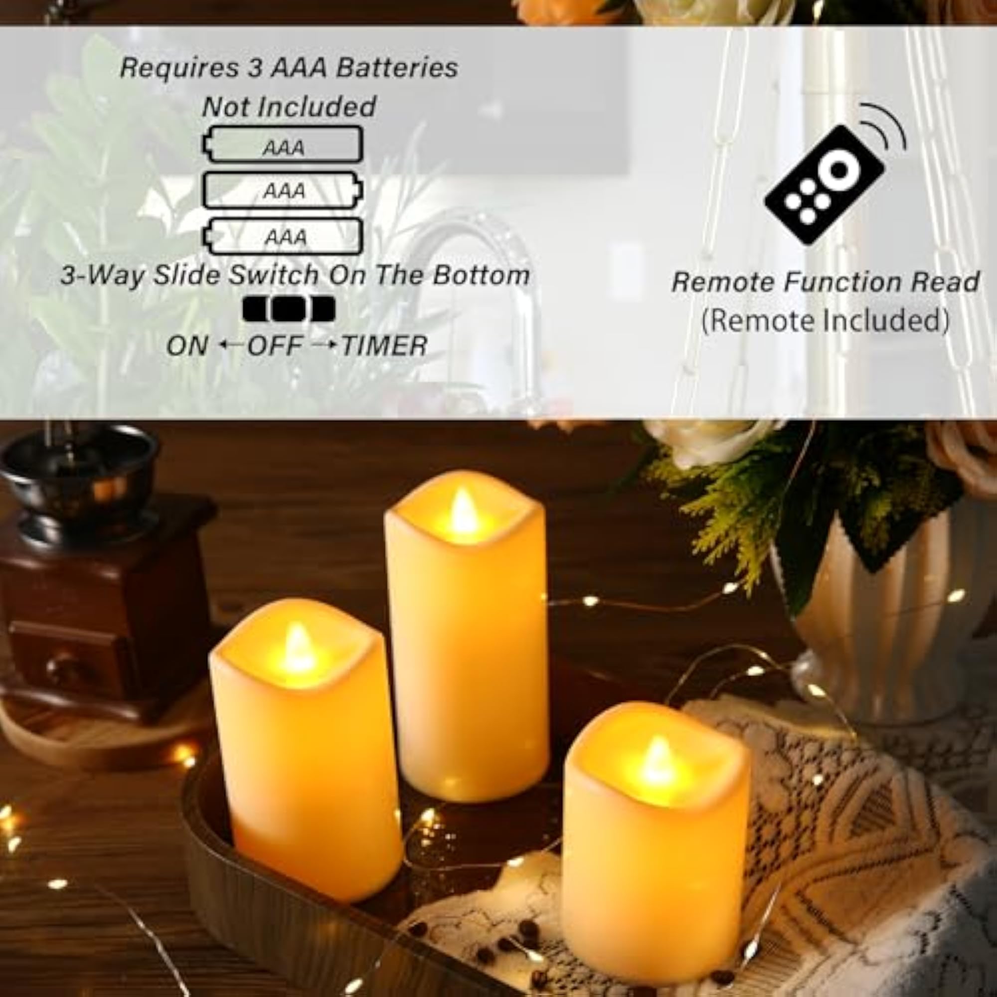 3pcs Flameless Candles with Flickering Flame Effect