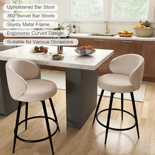 Image of 360 Swivel Modern Bar Stool Set of 2, 26 inch Upholstered Counter Height Bar Stools with Wingback, Soft Linen Fabric, Counter Chairs with Arm for Kitchen Island or Home Bar, Ivory
