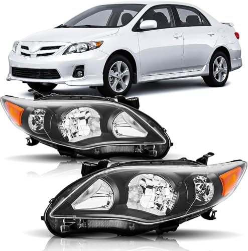Headlights Assembly for 2011 2012 2013 Toyota Corolla Headlamps Replacement Driver and Passenger Side Black Housing Amber