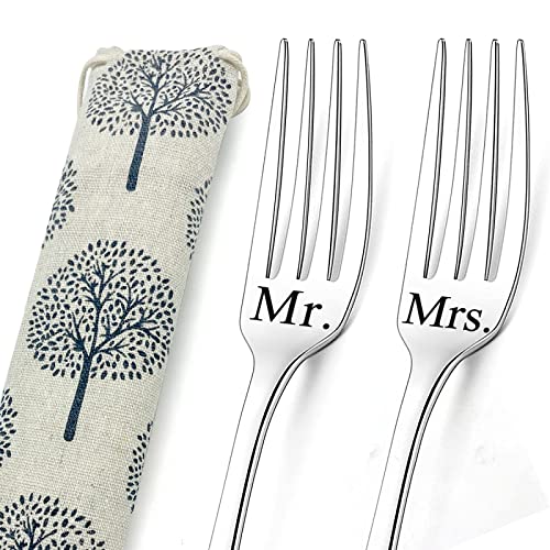 Fourchettes Gravées Mrs&Mr, 2Pcs Lettre Mr Mrs Fourchettes de Mariage Fourchettes de Table Inox Cadeau Mr and Mrs Avec Sac Cadeaux de Mariage pour Couple, Petit Ami, Petite Amie Cadeau Saint Valentin