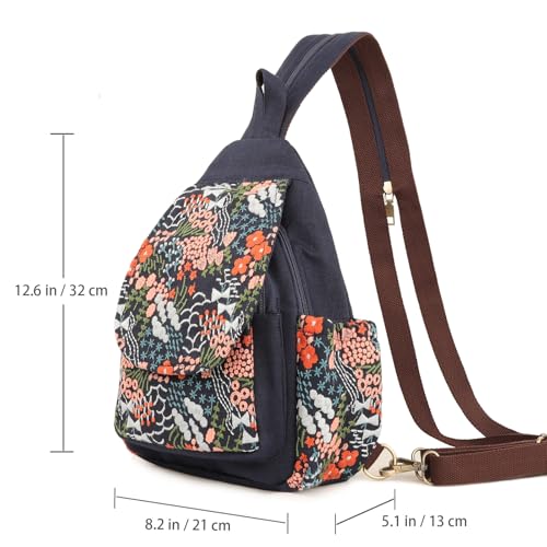 Image of SILKAREA Canvas Sling Backpack Purse for Women Embroidered Flowers Travel Backpack Crossbody Bag Shoulder Bag (Embroidered B)