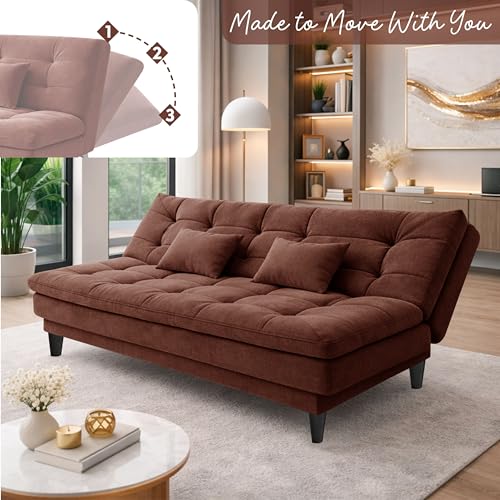 Image of Modern 3 Seater Sofa Cum Bed | Tufted Backrest | Velevt Fabric Upholstery | Living Room Furniture-Brown