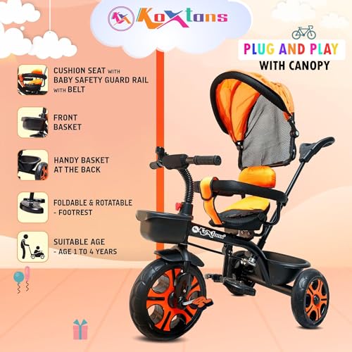 Image of Tricycle for Kids with Canopy and Comfort Seat - The Parents Choice for 1-5 Years Old, 30kg Max, Luxurious & Durable Trike. Advanced Parental Control Handle and Safety Belt, Black