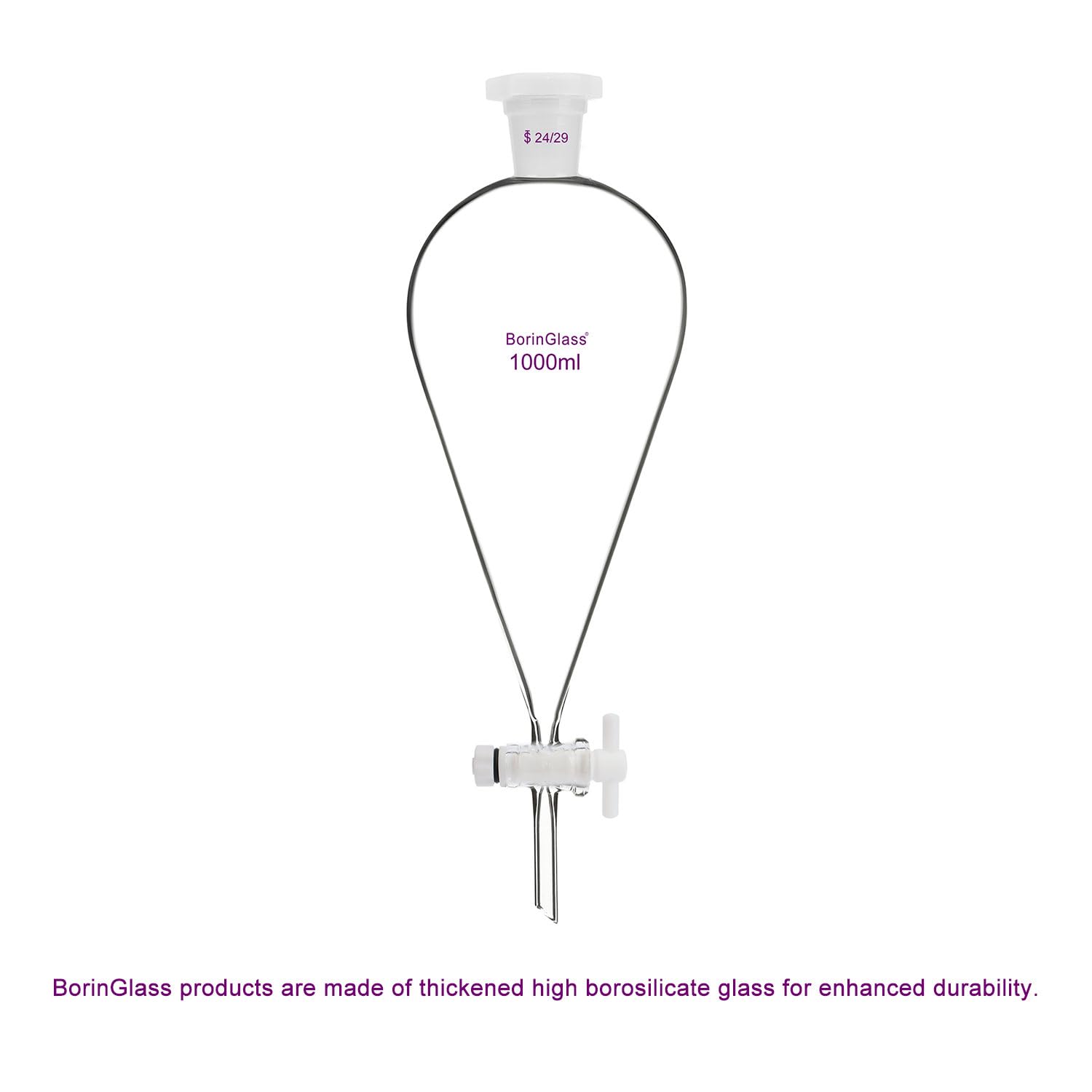BorinGlass Kegelförmiger Abtrenntrichter 1000 ml mit 24/29 Gelenken und PTFE-Hähne, Trenntrichter aus Borosilikatglas mit Dickwandigem Design