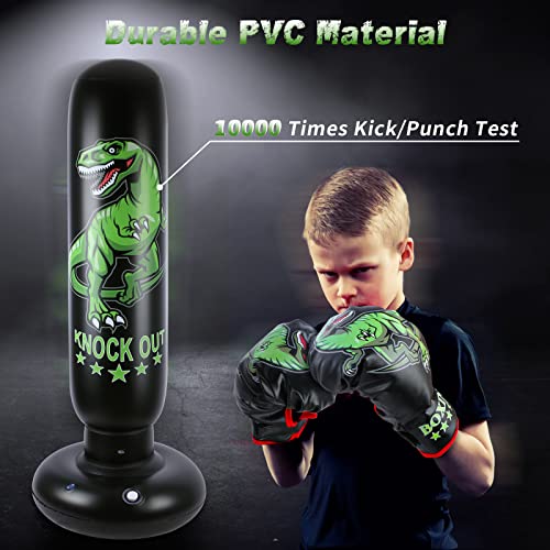 Dinosaur Punching Bag For Kids - 63 Inch Inflatable Boxing Bag With Gloves - Children Sports Toys Exercising Boxing Set For Training Karate And Taekwondo - Freestanding Tumbler Bounce Back New 2022 #TOP2