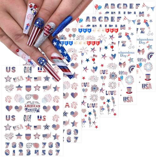 6 Sheets 4th of July Nail Stickers for Nail Art 3D Self-Adhesive Independence Day Nail Decals Star Heart American Flag Nail Design Stickers Patriotic Nail Decor for Women Holiday Nail Art Supplies