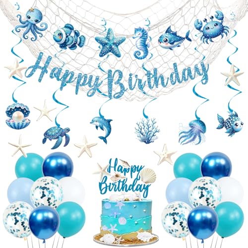 Trgowaul Ocean Theme Birthday Decorations for Girls Sea Animals Birthday Party Supplies Fish Hanging Swirls Seashell Cake Topper Starfish Cards Fishing Net Latex Balloon Summer Beach Party Set