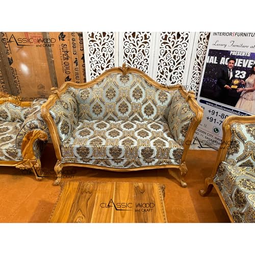 Image of CLASSIC WOOD & CRAFT Luxury Wooden Sofa Set with Center Table | Hand-Carved Solid Teak Wood Sofa Set with Upholstery | Royal Living Room Furniture for Home (Ligh Green Walnut 6 Seater)