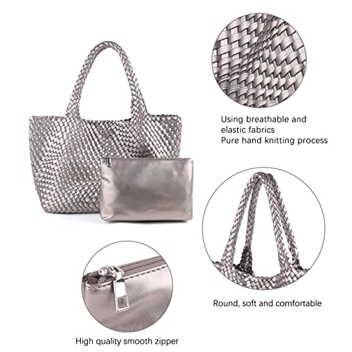 Image of Woven Tote Bag for Women Retro Handwoven Shoulder Travel Handbag Large Capacity Hobo Vegan Leather Bags with Purse