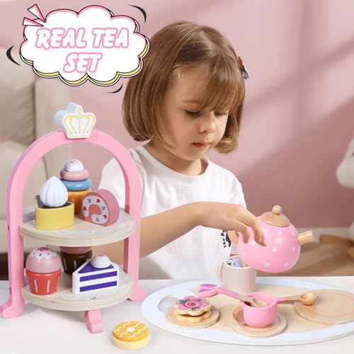 Image of Wooden Tea Party Set for Little Girls, Toddler Girl Gifts Princess Tea Time Toys, Wooden Tea Set Food Dessert, Kids Kitchen Pretend Play, Birthday Valentines Day Gifts for Girls Age 2-5 Years Old
