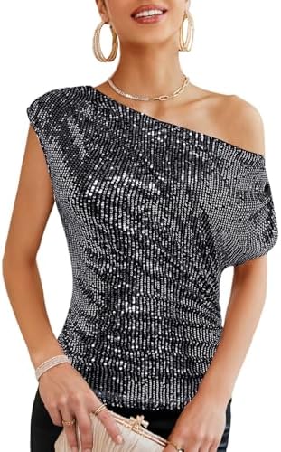 GRACE KARIN Damen Pailletten Oberteil One-Shoulder Festliches Party Outfit | Raffiniertes Design, Asymmetrischer Schulterausschnitt, Funkelnde Pailletten, Leicht dehnbar, Vollständ
