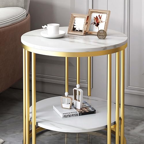 Image of Round End Table Coffee Table Side Table Bedside Table Nightstand Side Corner for Living Room Bedroom (Gold White 01)