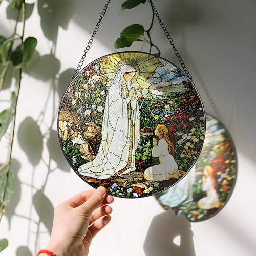 image for LAOWEIKI 8 Inch Lady of Lourdes Stained Glass Suncatcher, Stained Glas