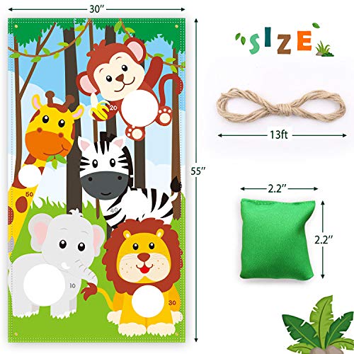 Safari Animals Toss Games Banner with 5 Bean Bags for Kids Children's Family Party Zoo Animals Theme Indoor Outdoor Parties Supplies Decoration