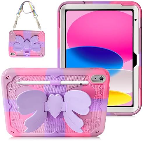 WESADN for iPad A16 Case 11th Generation 2025 11 Inch, for iPad 10th Generation Case 10.9 inch 2022 Girls Kids with Cute Bow Butterfly Wings Stand Shoulder Strap Pencil Holder Protective Cover Purple