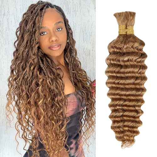 Honey Human Braiding Hair Deep Wave Bulk Human Hair for Braiding,27# Color No Weft Curly Braiding Hair Extensions for Boho Braids Wet and Wavy Braiding Human Hair Bundles(18inch,#27,100g)