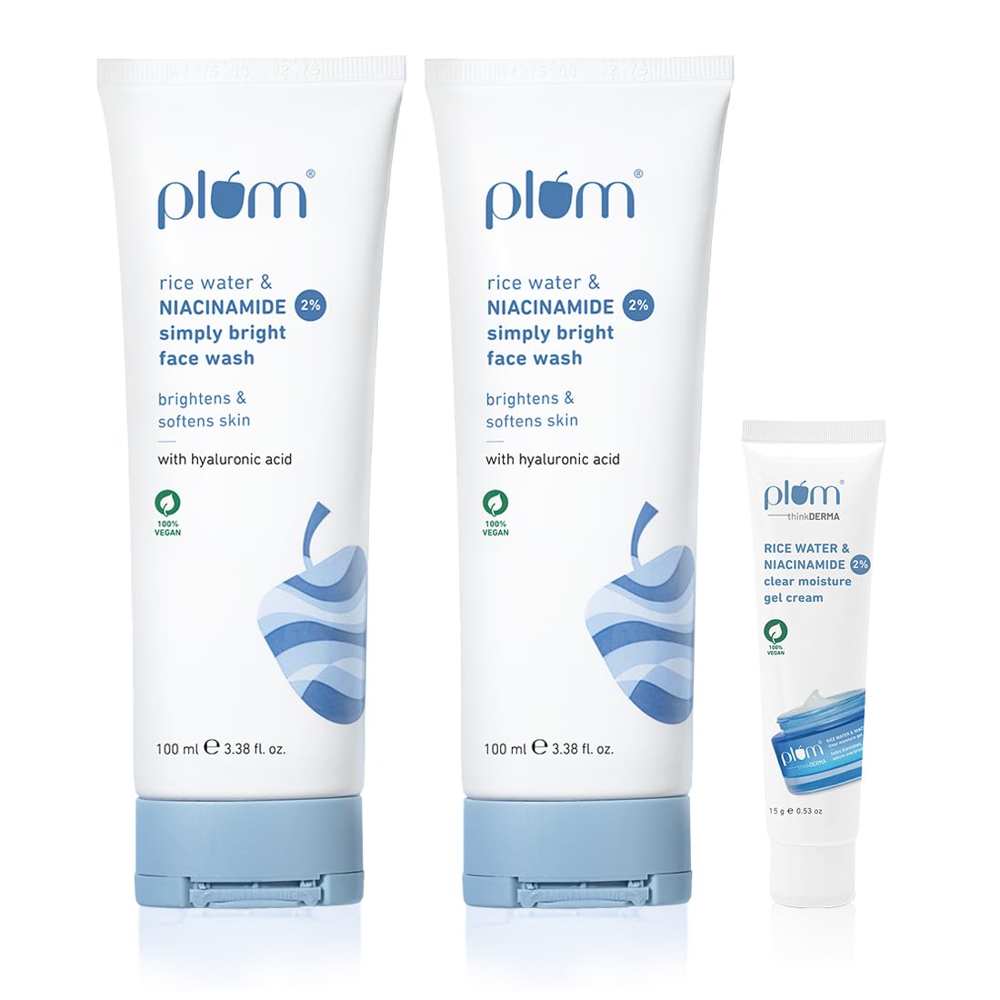 Plum 2% Niacinamide Face Wash with Rice Water - 100ml (Pack of 2) + Free Niacinamide Gel | Brightens Skin, Fades Acne Marks, Softens & Smoothens Skin | Gentle, Non-Drying, 100% Vegan|Men & Women