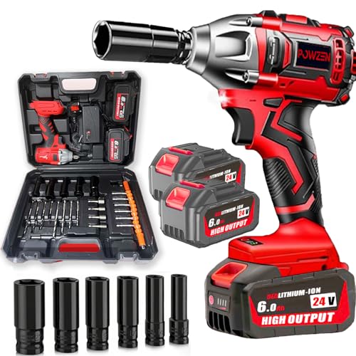 Powzen 1/2' Cordless Impact Wrench 1200N.m Electric Impact Gun, w/2pcs 24V 2x6.0AH M18 Rechargable Battery, Fast Charger,Impact Driver Kit (0-8800 rpm), Socket for drill,Screwdriver,lug nuts