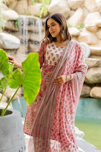 Image of MIRCHI FASHION Women's Straight Fit Pure Cotton Embellished Floral Printed Kurta Set with Dupatta and Trouser