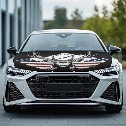 Image of Deer American Flag Car Hood Cover Polyester Elastic Fabrics Can be Washed Car Hood Cover Flag Suitable for Auto Car Truck, Van, SUV, Pickup