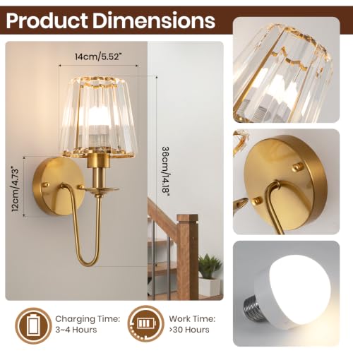 Image of EIDISUNY Battery Operated Wall Sconces Set of 2, Wireless Crystal Wall Sconces with RGB Dimmable Bulbs, Rechargeable Wall Sconce with Remote for Bedroom, Living Room(Gold)