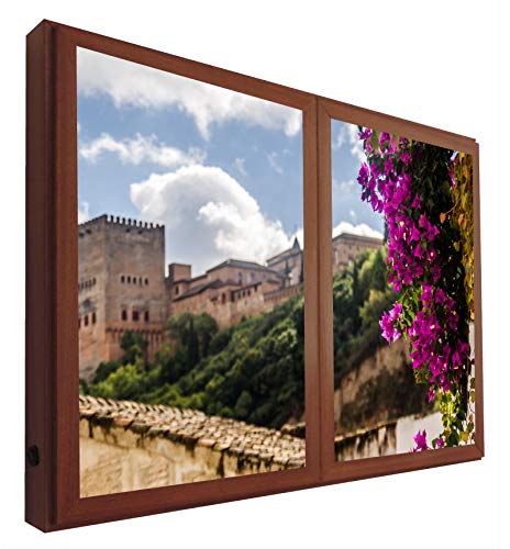 CCRETROILUMINADOS Vistas a la Alhambra Granada Ventanas Falsas Cuadros Decorativos Iluminada, Metacrilato, Nogal, 60 x 80