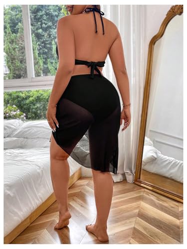 MakeMeChic Women's Plus Size 3 Piece Halter Ring Tie Backless Bikini Set with Ruched Cover Up Skirt3