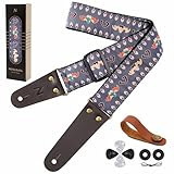 Nefelibata Guitar Strap with Head Cowhide Leather Ends for Bass, Electric & Acoustic Guitars, Free Strap Button, 1 Pair Strap Locks and 4 Guitar Picks