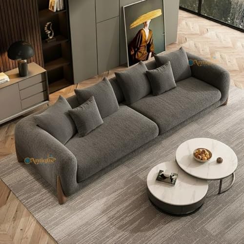 Image of Modern Sofa, Teddy Fabric, Chesterfield Style, Wooden Legs, for Living Room, Bedroom, Hallways (3+1+Ottoman, Charcoal Grey)