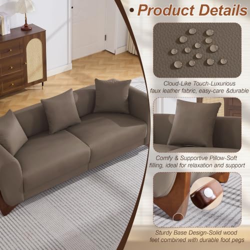 Image of 87 inch Faux Leather Cloud Couch Modern 3 Seater Sofa with Solid Wood Legs, 25 inch Extra Deep Seat, Comfy Thick Cushion Upholstered Sofa Couches with 3 Pillows for Living Room, Tan