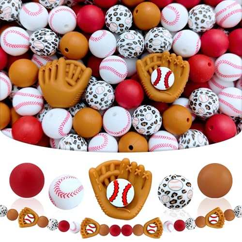 NLRPYCB 55 Sports Silicone Beads Baseball Theme Focal Beads for Keychain Pen Making Kits 15mm Beads for Necklace Bracelet Bag/Phone Chain Makings Suitable for Party Decorations and DIY Jewelry