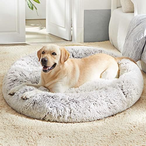 western home wh calming dog & cat donut cuddler, anti-anxiety warming cozy soft round bed, fluffy faux fur plush cushion for small medium dogs and cats 36.0"l x 36.0"w x 8.0"th white khaki