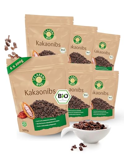 CLASEN BIO – Kakao Nibs 6x200g Bundle – Klein geschrotete Kakaobohnen herb-aromatisch & schokoladig – Kakaonibs ideal für Desserts, Smoothiebowls & Gebäck – Reich an Ballaststoffen & Magnesium