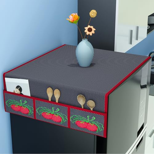 Image of Kuber Industries Non-Woven Fridge Top Cover | Washable & Anti-Dust Refrigerator Top Cover with 6 Utility Pockets for Kitchen | Strawberry Designs - Blue