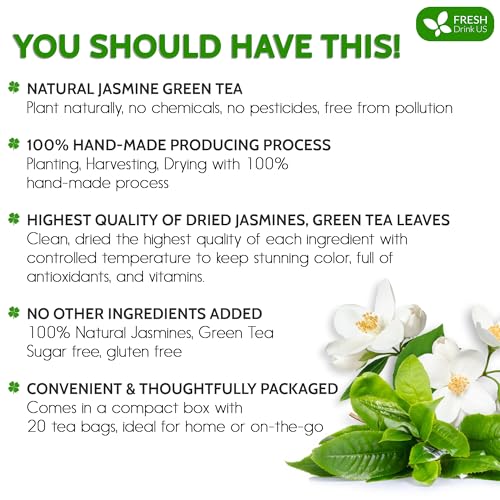 Image of FreshDrinkUS, Premium 20 Tea Bags of Jasmine Green Tea, 100% Natural. Exquisite Flavor, Handpicked Leaves, Perfect for Tea Lovers. No Sugar, No Gluten, Vegan.
